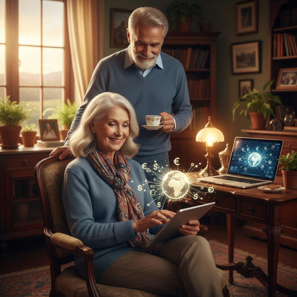 An elderly couple in a cozy home setting, with the woman sitting in a chair and looking at a tablet.