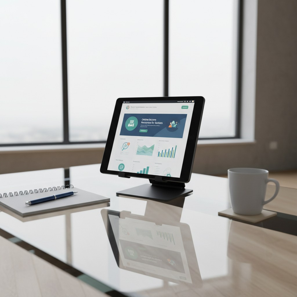 An image of an iPad displaying an online income resources page, positioned on a glass desk accompanied by a white mug, not...