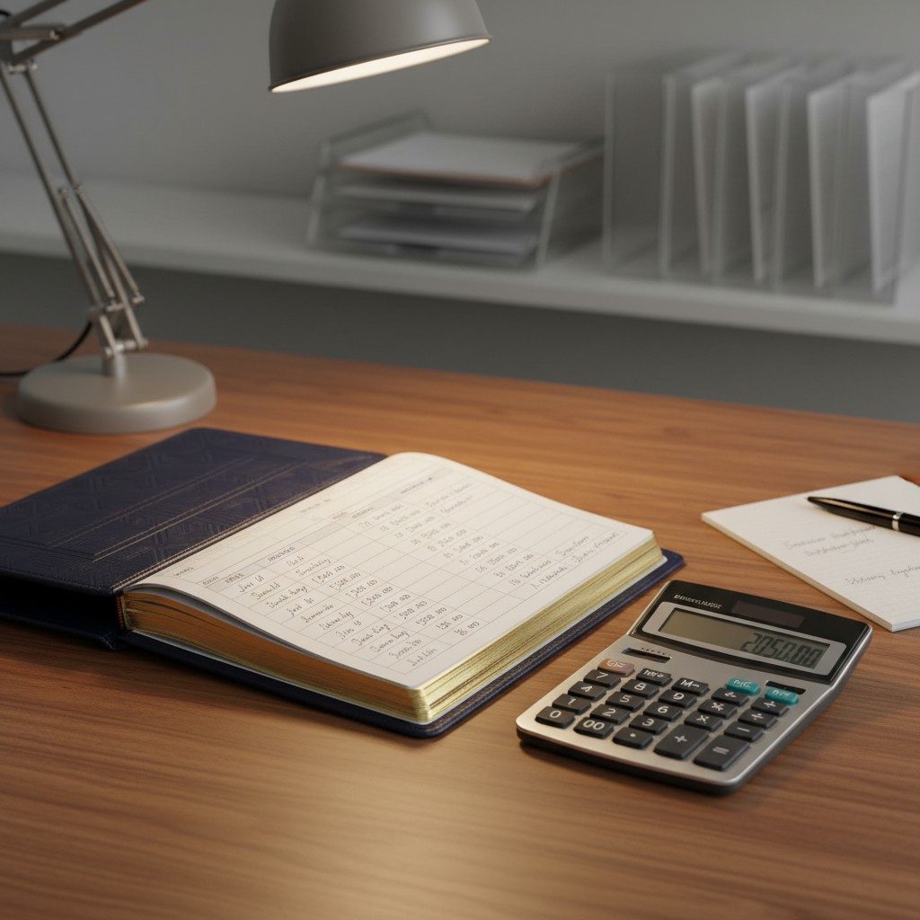 An office desk with a calculator, notebook, pen, lamp, and book on it.