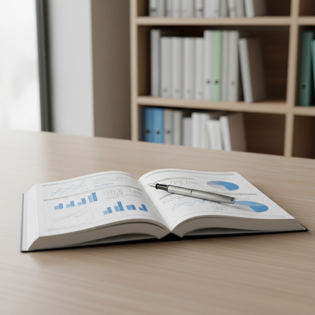 "open book with a pen in an office with a bookshelf in the background."